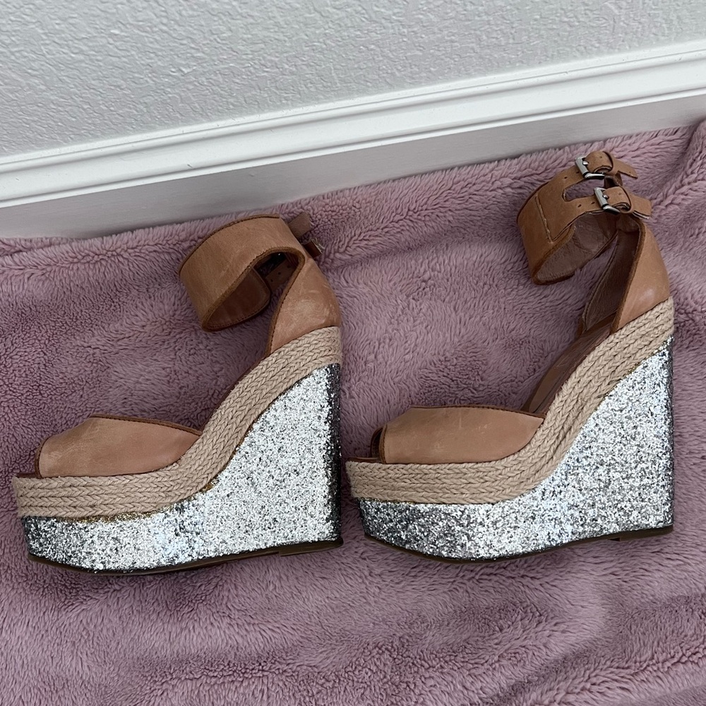 TOPSHOP tan Leather glitter rope platform open toe ankle strap edges